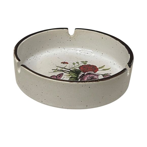 Vintage MCM Speckled Brown Butterfly & Floral Motif Ashtray Stoneware Japan Boho - Picture 4 of 7